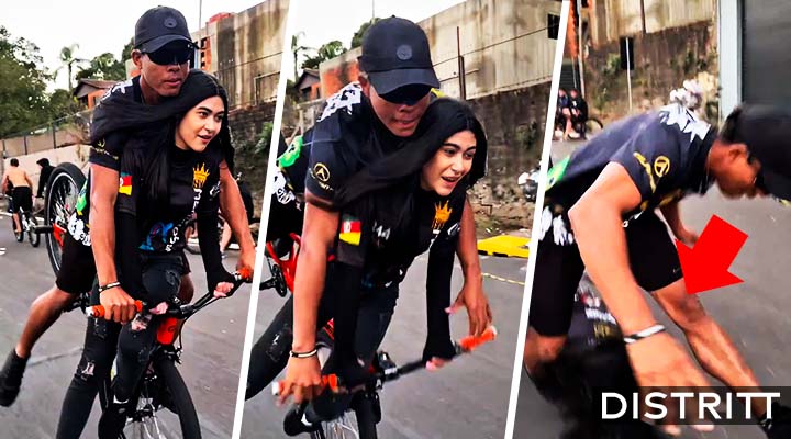 Joven hace caballito en bicicleta y tira a su novia